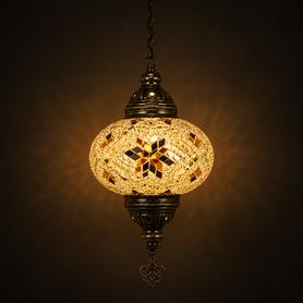 Turkish Mosaic Lantern Hanging Single Chain - 5"x23.5" - B2S - Amber