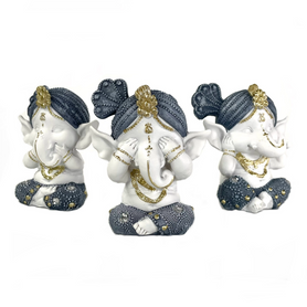 Ganesh Blue & White 3 No Evils Set of 3 4.25" Polyresin Statues 3