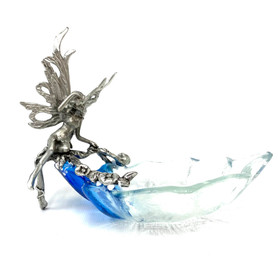 Exhausted Pewter Fairy With Blue Glass Leaf by Paykoc Imports P6186