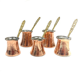 Turkish Coffee Pot Cezve Copper with Nickle Lining 5 Piece Set