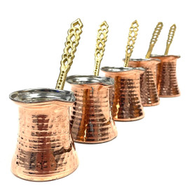 Turkish Coffee Pot Cezve Copper with Nickle Lining 5 Piece Set