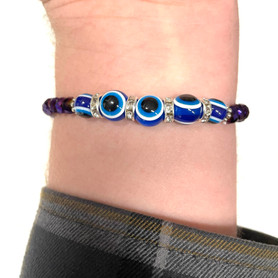 6mm Violet Plating Evil Eye Breaded Stretch Bracelet 6mm Violet Plating Evil Eye Breaded Stretch Bracelet