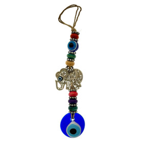 10" Handmade Evil Eye Wall Hanging with Elephant Charm & Wooden Beads