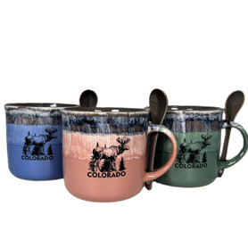 Rustic Colorado Elk 18oz Ceramic Mug w/ Spoon (Assorted Colors)