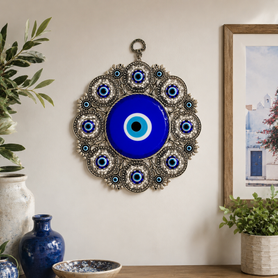 Turkish Evil Eye Wall Hanging with Silver Filigree – 8" Diameter