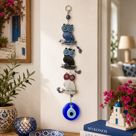3 Multicolor Owl Evil Eye Wall Hanging 14"