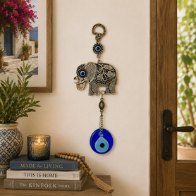 8-Inch Silver Elephant Evil Eye Wall Hanging