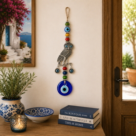 11" Silver Owl Evil Eye Wall Hanging with Colorful Wooden Beads & Blue Glass Nazar Charm