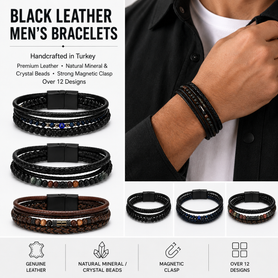 Black Leather Men’s Bracelets with Magnetic Clasp – 1 Piece