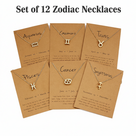 12-Piece Zodiac Sign Pendant Necklace Set – Gold Plated Astrology Necklaces with Display Cards