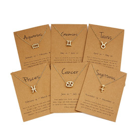 12-Piece Zodiac Sign Pendant Necklace Set – Gold Plated Astrology Necklaces with Display Cards