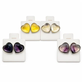 Heart-Shaped Stud Fluorite  Earrings – Colorful Silver-Tone Cabochon Earrings