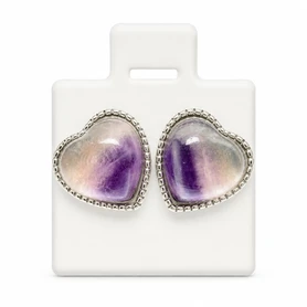 Heart-Shaped Stud Fluorite  Earrings – Colorful Silver-Tone Cabochon Earrings