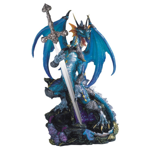 Dragon Figurine With Sword, Blue 13"H GS71363