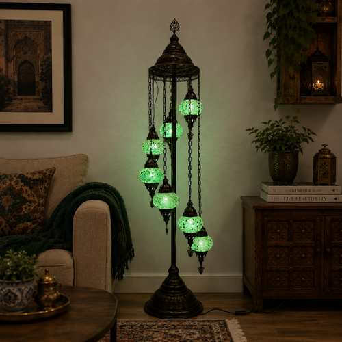 Turkish Mosaic Table Lamp - 7 Bulbs - 16"x58" - Green