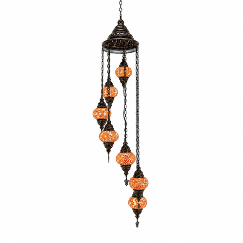 Turkish Mosaic Chandelier  - 7 Bulbs - 16"x60" - Orange