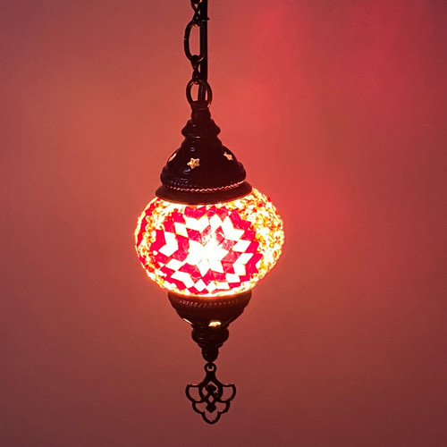 Turkish Mosaic Lantern Hanging Single Chain - 4"x23" - B1S - Red Turkish Mosaic Lantern Hanging Single Chain - 4"x23" - B1S - Red