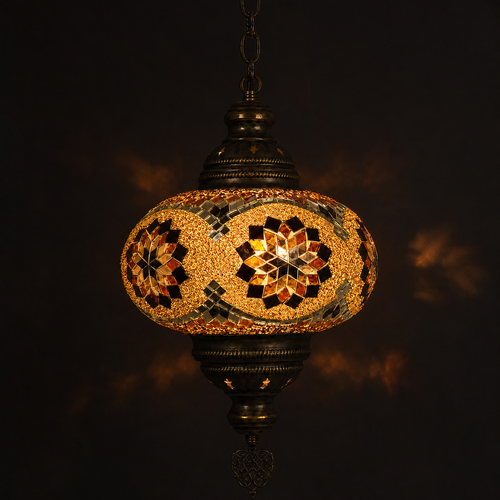 Turkish Mosaic Lantern Hanging Single Chain B4S - 9"x28" - B4S - Amber