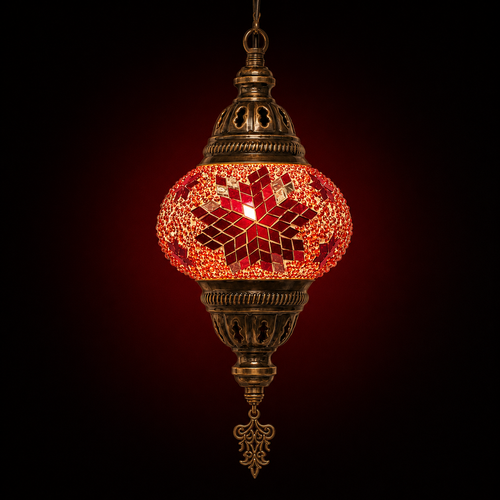 Turkish Mosaic Lantern Hanging Single Chain - 5"x23.5" - B2S - Red