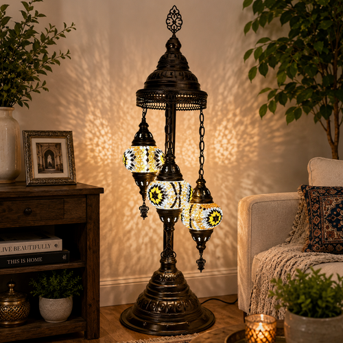 Turkish Mosaic Table Lamp - 3 Bulbs - 12"x30" - Amber