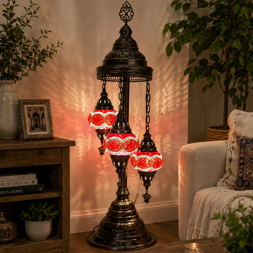 Turkish Mosaic Table Lamp - 3 Bulbs - 12"x30" - Red