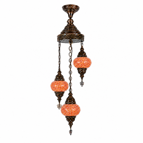 Turkish Mosaic Chandelier  - 3 Bulbs - 12"x33" - Orange - B2