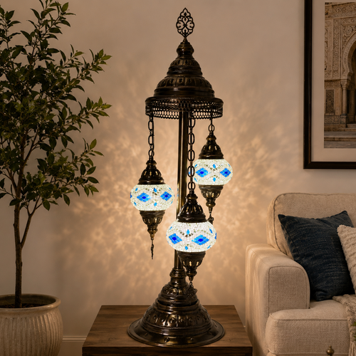 Turkish Mosaic Table Lamp - 3 Bulbs - 12"x30" - Royal Blue