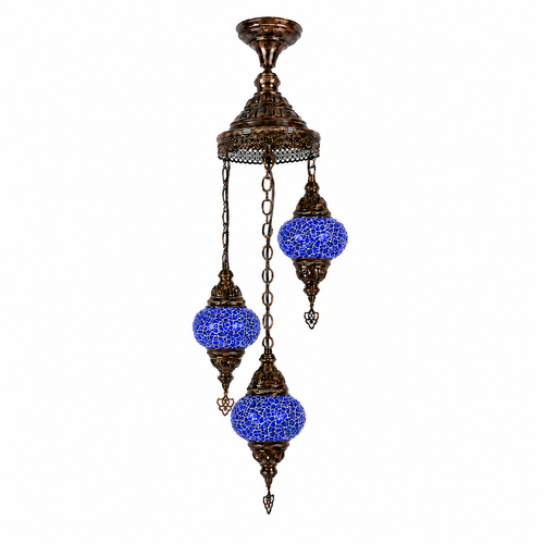 Turkish Mosaic Chandelier  - 3 Bulbs - 12"x33" - Royal Blue - B2