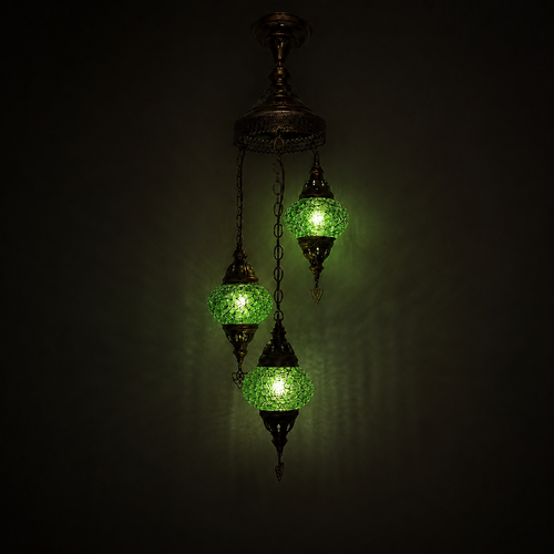 Turkish Mosaic Chandelier  - 3 Bulbs - 12"x33" - Green - B2
