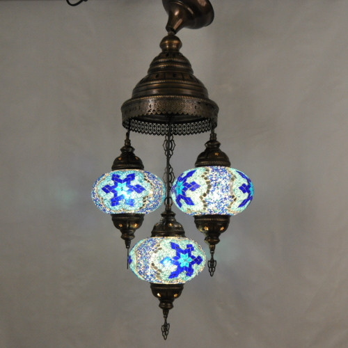 Turkish Mosaic Chandelier - 3 Bulbs - 12"x33" - Royal Blue - B3 Turkish Mosaic Chandelier - 3 Bulbs - 12"x33" - Royal Blue - B3