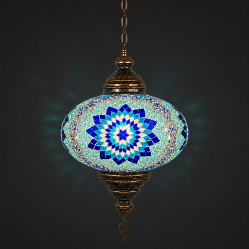Turkish Mosaic Lantern Hanging Single Chain B5S - 14.5"x33" - B5S - Turquoise