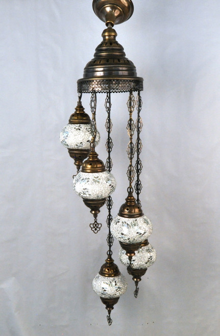 Turkish Mosaic Chandelier - 5 Bulbs - 12"x45" - White Turkish Mosaic Chandelier - 5 Bulbs - 12"x45" - White