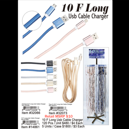 10Ft Long USB Charging Cables, Assorted Current Types 2019 10Ft Long USB Charging Cables, Assorted Current Types 2019