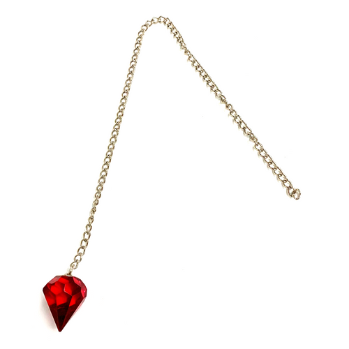 Bold Red Cut Crystal Pendulum on Silver Chain .65" x 1" x 12" Long Bold Red Cut Crystal Pendulum on Silver Chain .65" x 1" x 12" Long