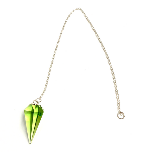 Powerful Green Cut Crystal Pendulum on Silver Chain .75" x 1.86" x 13" Long Powerful Green Cut Crystal Pendulum on Silver Chain .75" x 1.86" x 13" Long