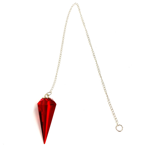 Bold Red Cut Crystal Pendulum on Silver Chain .75" x 1.86" x 13" Long Bold Red Cut Crystal Pendulum on Silver Chain .75" x 1.86" x 13" Long
