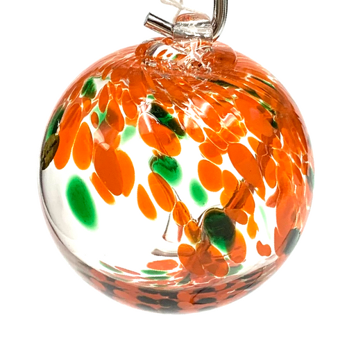 Clear with Orange with Green Spots Handblown Glass Witching Ball 5"+- Clear with Orange with Green Spots Handblown Glass Witching Ball 5"+-