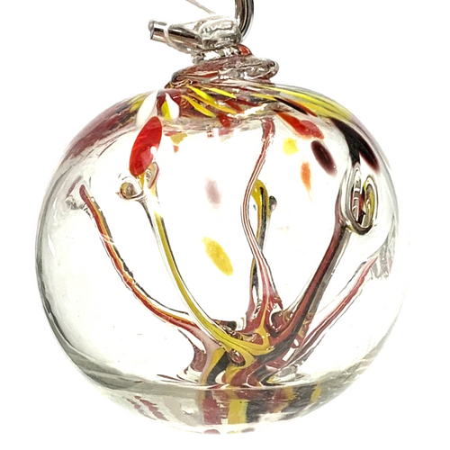 Clear with Yellow and Red Trees Handblown Glass Witching Ball 5"+- Clear with Yellow and Red Trees Handblown Glass Witching Ball 5"+-