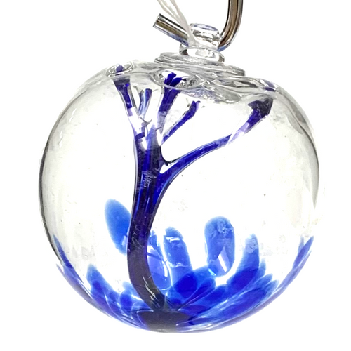 Clear  with Blue Splash Handblown Glass Witching Ball 5"+- Clear  with Blue Splash Handblown Glass Witching Ball 5"+-