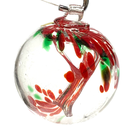 Clear with Red Trees and Green Viens Handblown Glass Witching Ball 5"+- Clear with Red Trees and Green Viens Handblown Glass Witching Ball 5"+-
