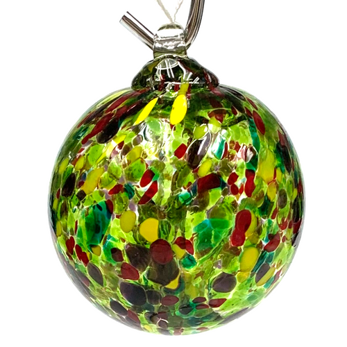 Heavy Worked Green, Yellow and Red Oil Slick Handblown Glass Witching Ball 5"+- Heavy Worked Green, Yellow and Red Oil Slick Handblown Glass Witching Ball 5"+-