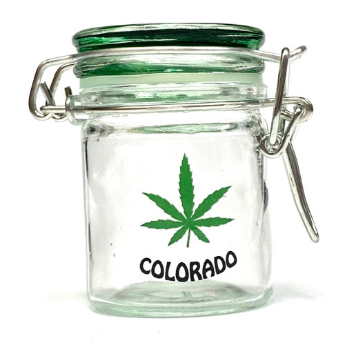 Colorado Weed Leaf Pot Shot Glass Mason  Jar With Airtight Green Lid 1.65" x 2.5" Colorado Weed Leaf Pot Shot Glass Mason  Jar With Airtight Green Lid 1.65" x 2.5"