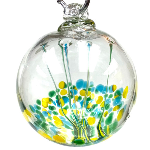 Yellow Green and Blue Upside Down Drip Monet Hand Blown Glass Witching Ball 4.5"+- Yellow Green and Blue Upside Down Drip Monet Hand Blown Glass Witching Ball 4.5"+-