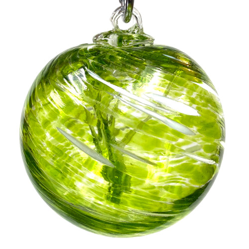 Green Apple and White Spiral Tree Hand Blown Glass Witching Ball 4.5"+- Green Apple and White Spiral Tree Hand Blown Glass Witching Ball 4.5"+-
