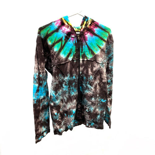 Dark Tie Dye Long Sleeve Cotton Pullover w/ Zippers & Hood (EXTRA LARGE)