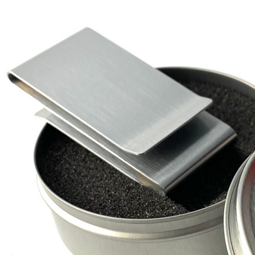 Matte Silver Double Sided Thick and Solid Stainless Steel Money Clip with Tin Gift Box Matte Silver Double Sided Thick and Solid Stainless Steel Money Clip with Tin Gift Box