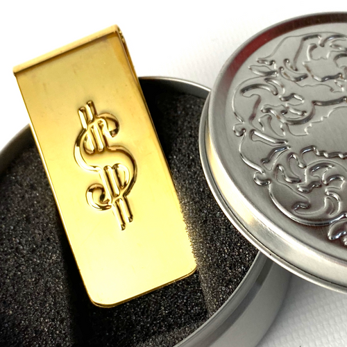 Embossed Gold Brick Cash Dollar Sign Stainless Steel Money Clip with Tin Gift Box