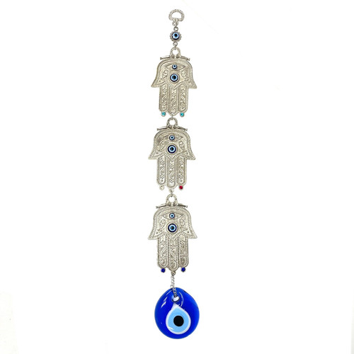 3 Silver Hands of Fatima with Pisces Fish Metal with Evil Eye 17" x 2" EE50068 3 Silver Hands of Fatima with Pisces Fish Metal with Evil Eye 17" x 2" EE50068
