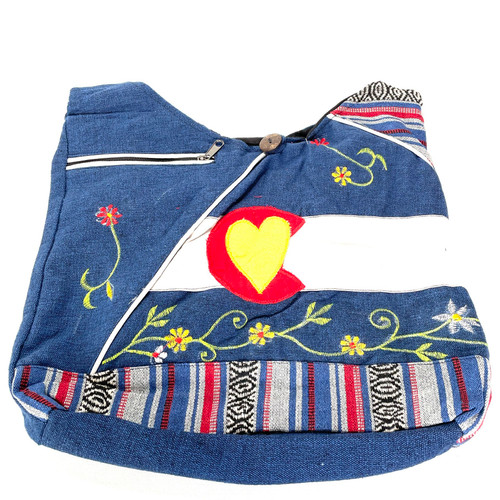 Denim Floral Colorado Cotton Side Bag with Patches Hand Made 1 Count Denim Floral Colorado Cotton Side Bag with Patches Hand Made 1 Count