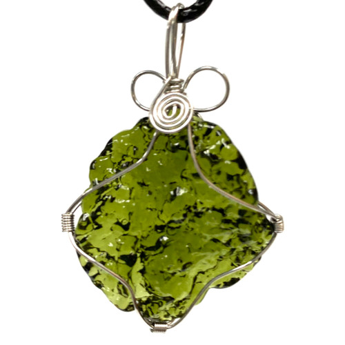 Wire Wrap Faux Moldavite Stone Pendant Necklace